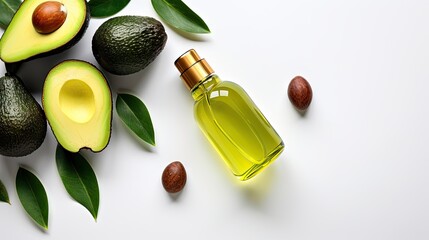 Avocado oil natural skin care & hair treatment. Green organic ingredients & essential oil cosmetic bottle, top view white table. - obrazy, fototapety, plakaty