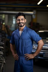Fototapeta na wymiar Smiling confident Indian man car mechanic in uniform in a garage background, professional automobile assistance photography, Vertical format 2:3