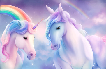 Pastel fantasy sky with bokeh and stars. Magic holographic galaxy, cute watercolor unicorns and rainbow elements