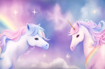 Pastel fantasy sky with bokeh and stars. Magic holographic galaxy, cute watercolor unicorns and rainbow elements