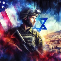 Generative AI image of an Israeli soldier in Jerusalem  over a  flag of Israel and USA as a background
