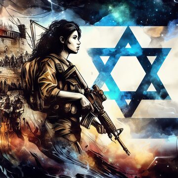 Generative AI image of an woman Israeli soldier over a flag of Israel as a background