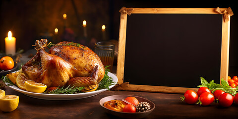 Traditional thanksgiving dinner with roasted chicken turkey herbs and spices, vegetables with...