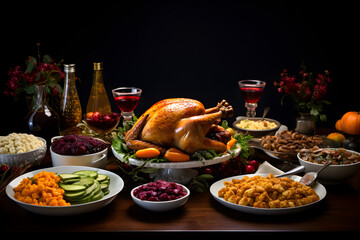 Traditional thanksgiving dinner with roasted chicken turkey herbs and spices, vegetables with wine and other food on dark background
