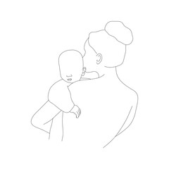 Mother and baby in linear style. Woman holding her newborn child. One line art. Minimalistic vector illustration. Abstract family silhouette.
