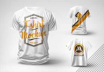 Front, Back and Flat View of Three T-shirts Mockup