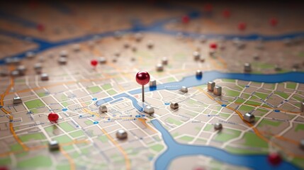 Location marking with a pin on a map with routes. Find your way. Adventure, discovery, navigation, communication, logistics, geography, transport and travel theme concept background.