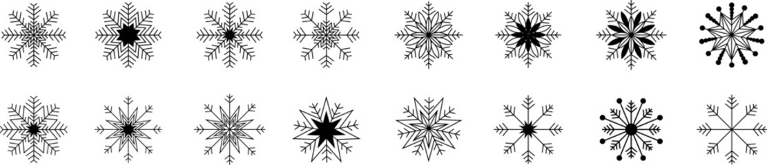 A set of vector snowflakes. Black on a white background