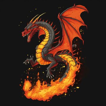 Illustration of a fabulous red fire-breathing dragon on a black background.
