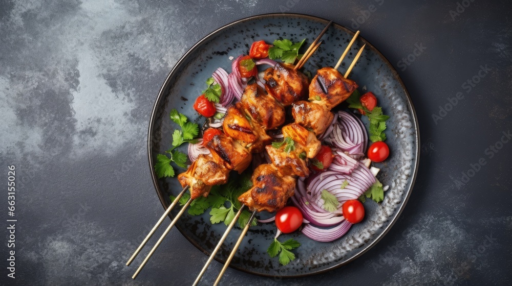 Poster chicken kebab skewers on a plate over light grey slate, stone or concrete background . top view with