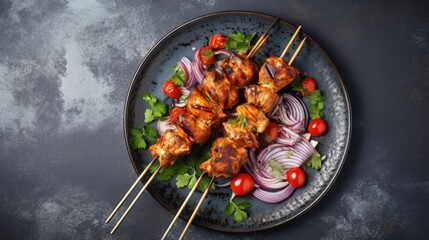 Chicken kebab skewers on a plate over light grey slate, stone or concrete background . Top view...