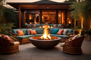 A circular arrangement of rattan armchairs and a firepit in the center.