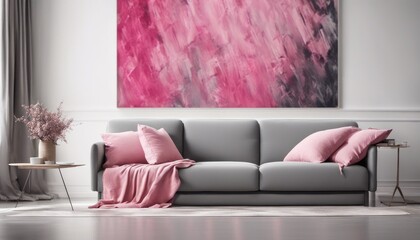 Modern living room with a gray sofa, pink accents, and an abstract painting on the wall. The room exudes contemporary style and comfort.