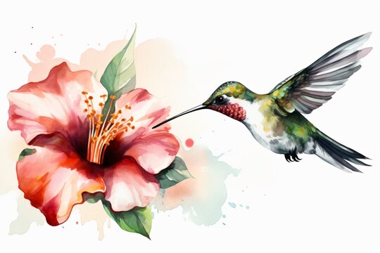 Illustration of watercolor hummingbird, colibri isolated on white background.