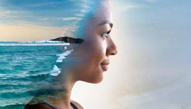 Generative AI image of a Side profile face and ocean double exposure portrait