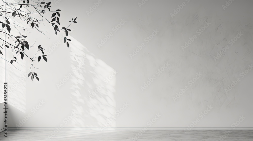 Poster abstract gray shadow background of natural leaves tree branch falling on white wall texture for back