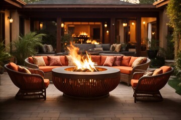 A circular arrangement of rattan armchairs and a firepit in the center. - obrazy, fototapety, plakaty