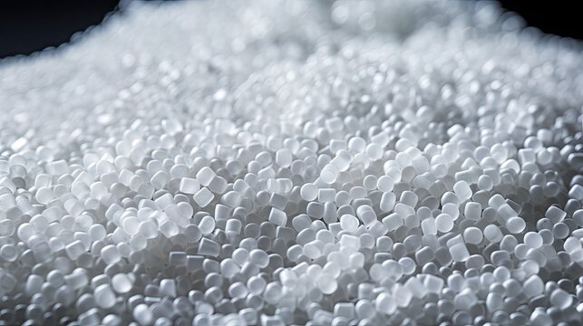 Many white and gray granules of polypropylene, polyamide. Background. Plastic and polymer industry, industry. Microplastic products.