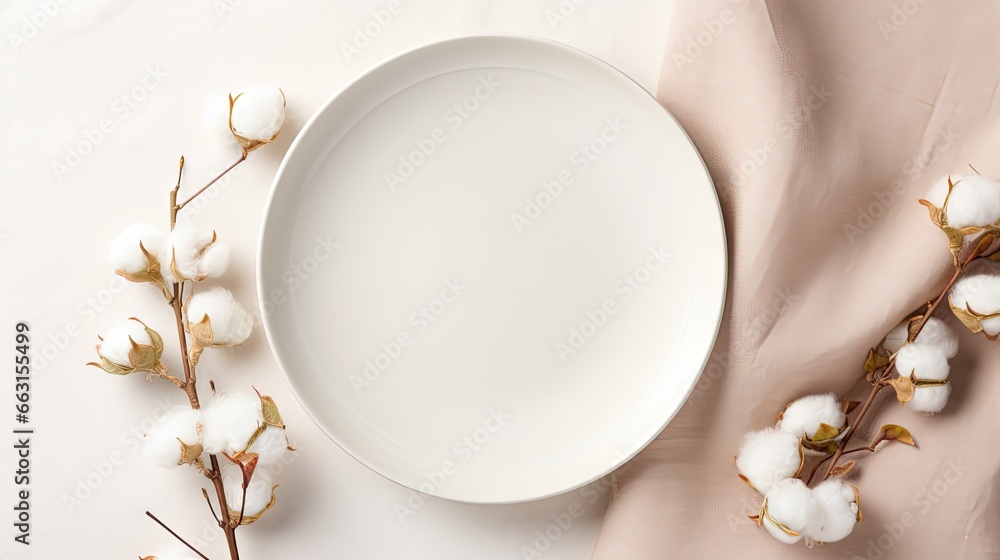 Poster plate mockup, empty modern minimal table place setting neutral beige color top view.flowers cotton b
