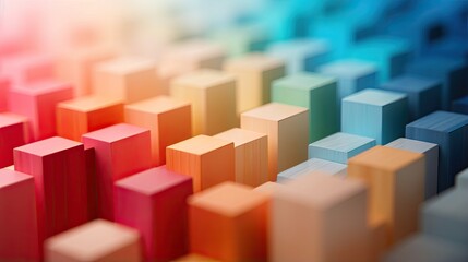 Spectrum of stacked multi-colored wooden blocks with white space in front. Background or cover for something creative, diverse, expanding, rising or growing. shallow depth of field.