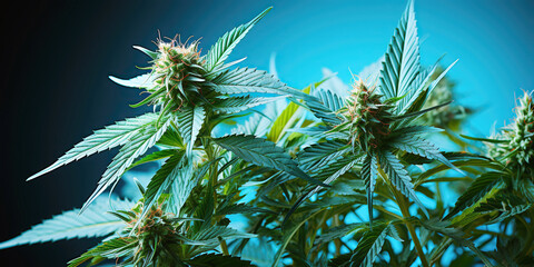 medical marijuana cannabis leaves on blue background