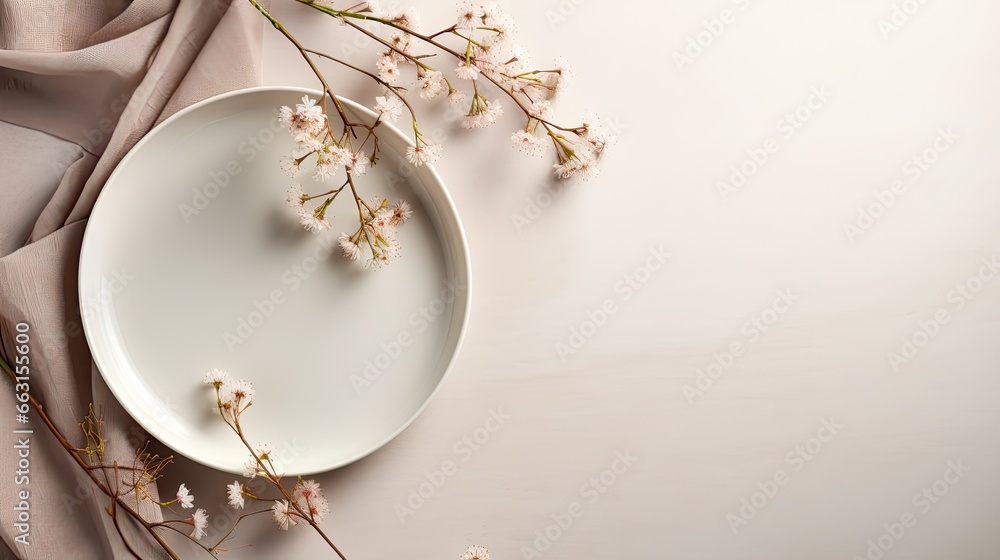 Poster plate mockup, empty modern minimal table place setting neutral beige color top view.flowers cotton b