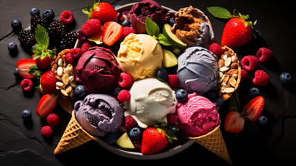 Ice cream scoops of different colors and flavours with fresh berries, blueberries, strawberries, raspberries and nuts
