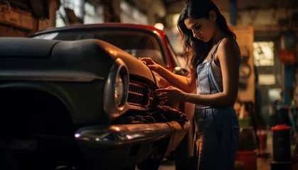 Papier Peint photo Voitures anciennes female mechanic repairing a vintage car Generative AI