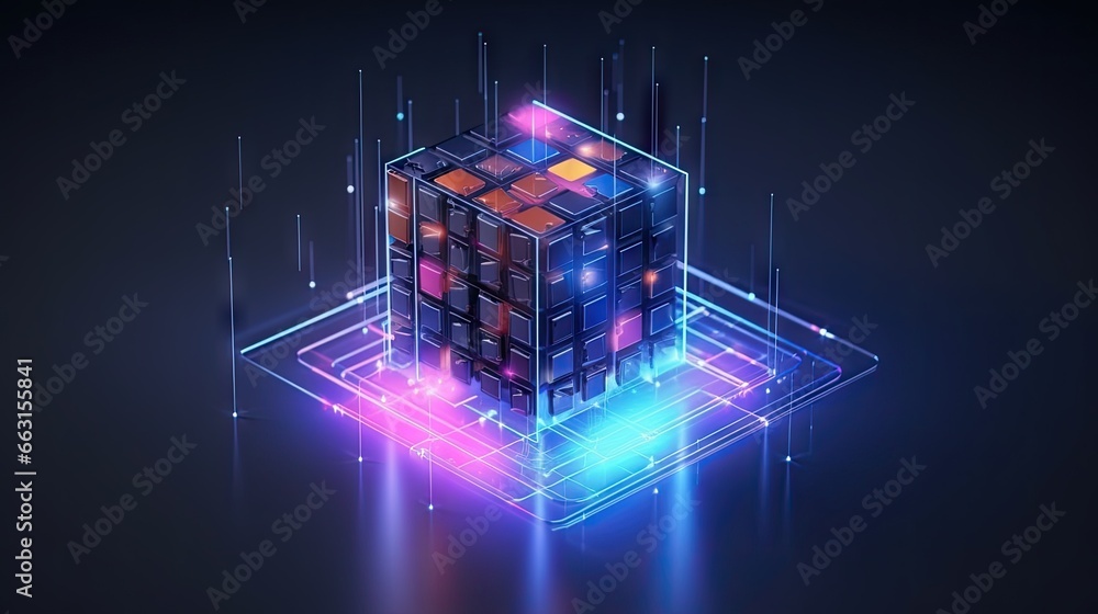 Poster Isometric NFT cube on a white isolated background. The concept of creating NFT content. Blockchain technology or big data center. Banner for website