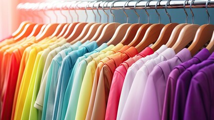 Fototapeta premium Fashion clothes on clothing rack - bright colorful closet. Closeup of rainbow color choice of trendy female wear on hangers in store closet or spring cleaning concept. Summer home wardrobe.