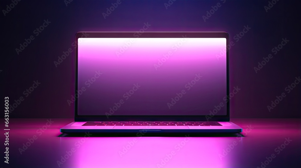 Aufkleber laptop computer with row pink lighting and blank screen place on dark background. 3d illustration im