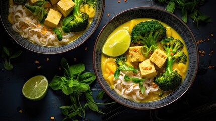 Vegan curry laksa with rice noodles, broccoli and tofu in blue bowls, gray background, top view. - obrazy, fototapety, plakaty