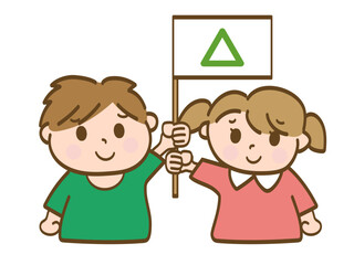 サンカクの旗を掲げる男の子と女の子_小学生低学年_幼児