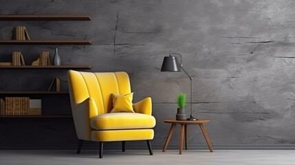 Grey stone wall background, yellow furniture style with sofa armchair bookshelf and niche, interior room decoration style.