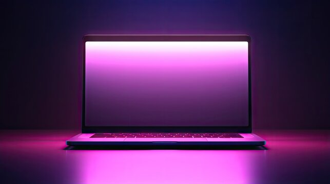 Laptop computer with row pink lighting and blank screen place on dark background. 3D illustration image.