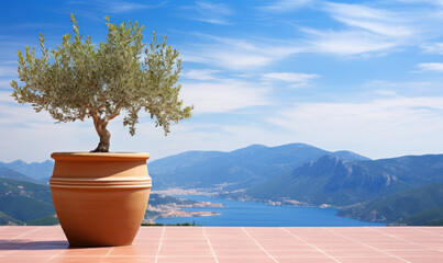 Olive tree in terra cotta clay pot on white terrace