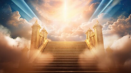 Stairs to Doors Paradise - concept on religions Faith, forgiveness to God, Heavenly gate sunbeam gold motivation imagination, heaven above stairs in fog and under light 2021,happy new year 2022 - obrazy, fototapety, plakaty