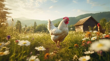 Fototapeta premium Free-range chicken on an organic farm, freely grazing on a meadow. Organic farming, animal rights, back to nature concept