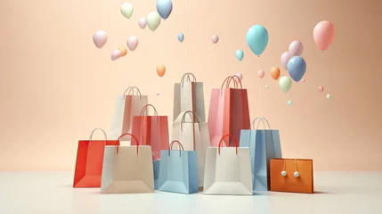Foto op Plexiglas Minimal shopping advertising concept with paper shopping bags floating on beige and pastel background. Shopping online payment concept. 3d render © HN Works