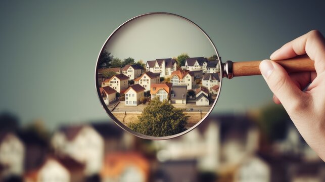 Realtor examines houses through a magnifying glass. Review of the real estate market, search for the best offers based on the criteria of price, location, area, infrastructure. Customer preferences.