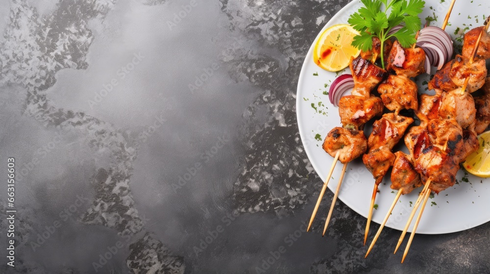 Poster chicken kebab skewers on a plate over light grey slate, stone or concrete background . top view with