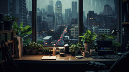 View from a plant - cluttered desk out a window into a rainy city