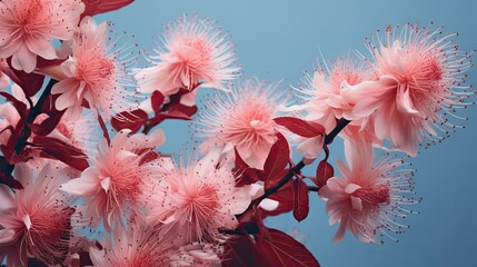 pink flowers blossom on blue leaf, nature background, spiky flowers shape, toned process