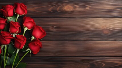 Naklejka na ściany i meble Bouquet of red roses on wooden background. Birthday. Valentine's day. March 8. Mother's day. Greeting card. Wallpaper. Banner. Flat lay, top view, copy space