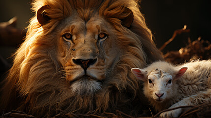 Lamb and Lion together laying on a ground - obrazy, fototapety, plakaty
