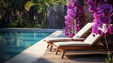 Purple orchid and Frangipani flowers with Rattan chair side swimming pool