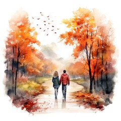 Obraz premium Watercolor autumn landscape with a couple walking.
