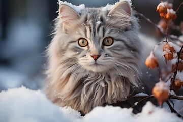 Portrait of a beautiful fluffy cat outdoors in winter