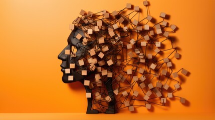 Silhouette of human head, tangled threads and wooden blocks with letters ADHD on orange background. Minimal concept of attention deficit hyperactivity disorder. Copy space - obrazy, fototapety, plakaty