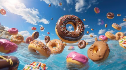 Action photo in the outdoor swimming pool with splashes and waves of inflatable doughnuts buoys rings falling down over sky - obrazy, fototapety, plakaty
